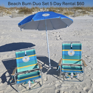 Relax in style with the Beach Bum Duo Set. 5-day rental includes 2 Tommy Bahama backpack chairs and a 6' tilt umbrella delivered to your Airbnb. Save hundreds over beach-side service and enjoy the freedom to set up anywhere!