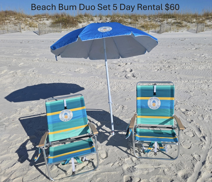 Relax in style with the Beach Bum Duo Set. 5-day rental includes 2 Tommy Bahama backpack chairs and a 6' tilt umbrella delivered to your Airbnb. Save hundreds over beach-side service and enjoy the freedom to set up anywhere!